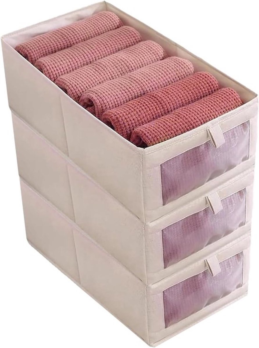 3 Stuks Opvouwbare Opbergdozen met Transparant Venster voor Kleding, Speelgoed en Boeken (Beige, 36 x 25 x 20 cm)