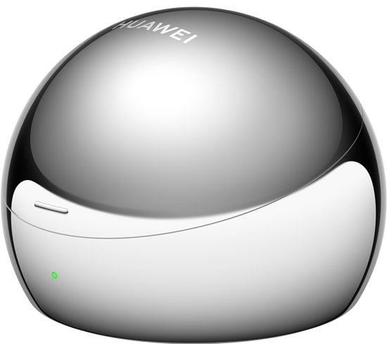 Zilverkleurige, bolvormige Huawei FreeClip2 S oplaadcase met een groene indicatorlampje.