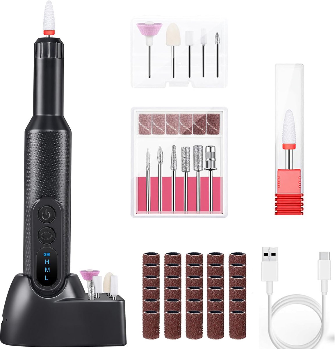 Professionele elektrische nagelfrees - Draadloze elektrische nagelvijl - Eeltverwijderaar - Pedicure- en manicureset - Nagelstofkap - Nagel- en voetmassageset - Ergonomisch - Eeltverwijderaar met draadloze USB-aansluiting - Zwart