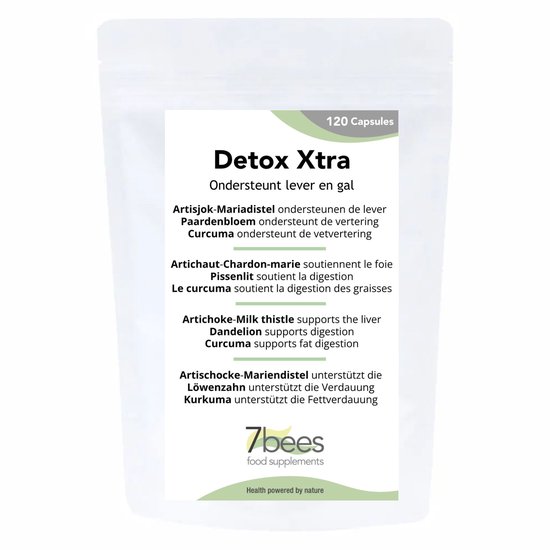 Witte verpakking met 'Detox Xtra' etiket, 120 capsules. Vertalingen van ingrediënten.