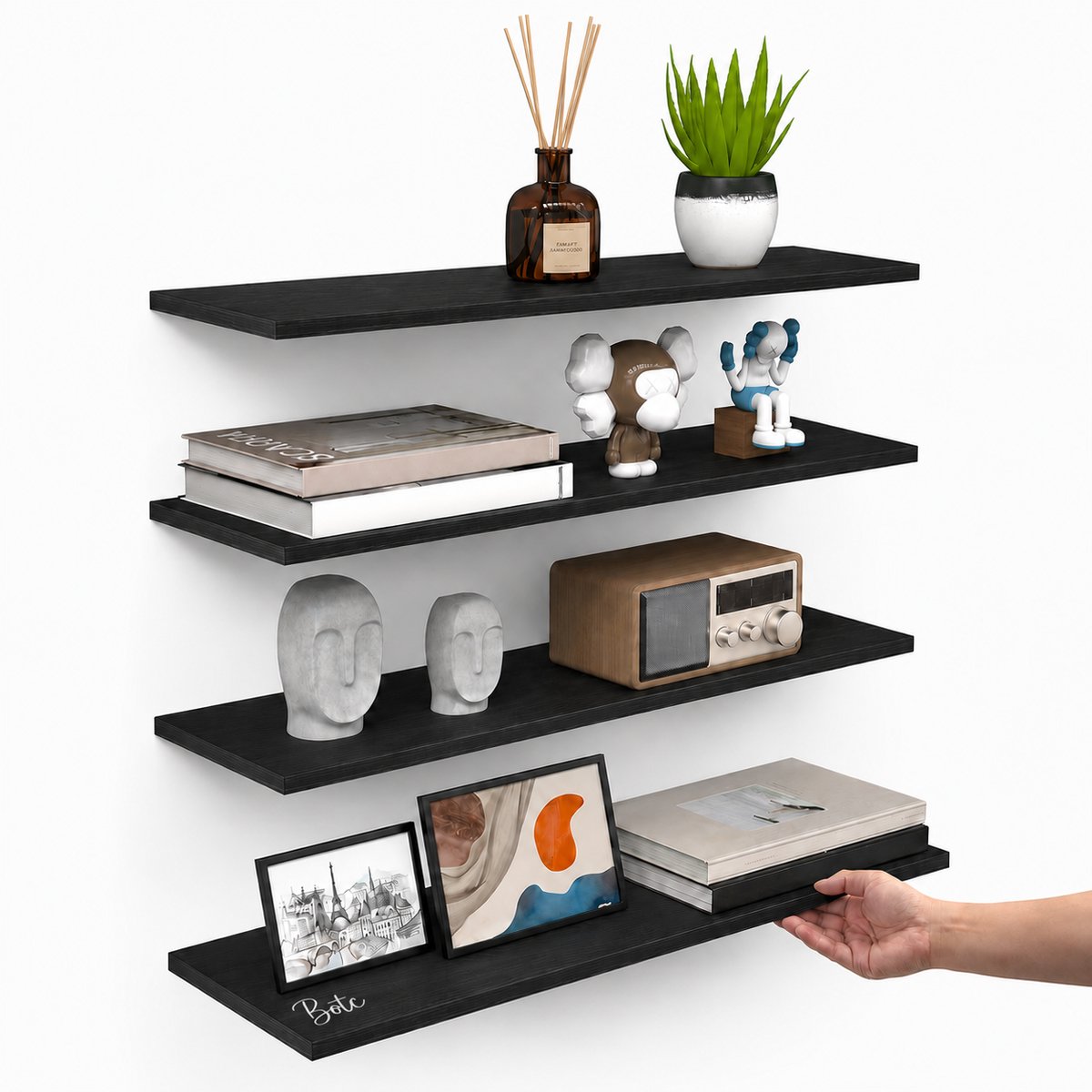 BOTC Zwevende Wandplank - 4-delige wandplankenset - 40x15cm - geschikt voor woonkamer, slaapkamer en keuken - Zwart