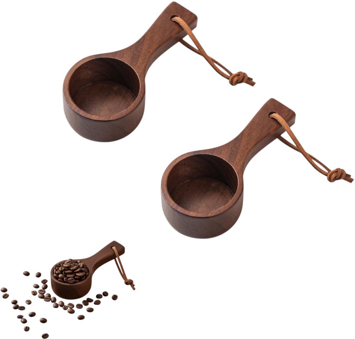 2 stuks - Bruine houten koffielepel - Maatlepel van zwart walnoothout - Met ophangkoord - Geschikt voor potten, bakjes, suikerpotten en voorraadpotten - 9,5 x 4,5 cm