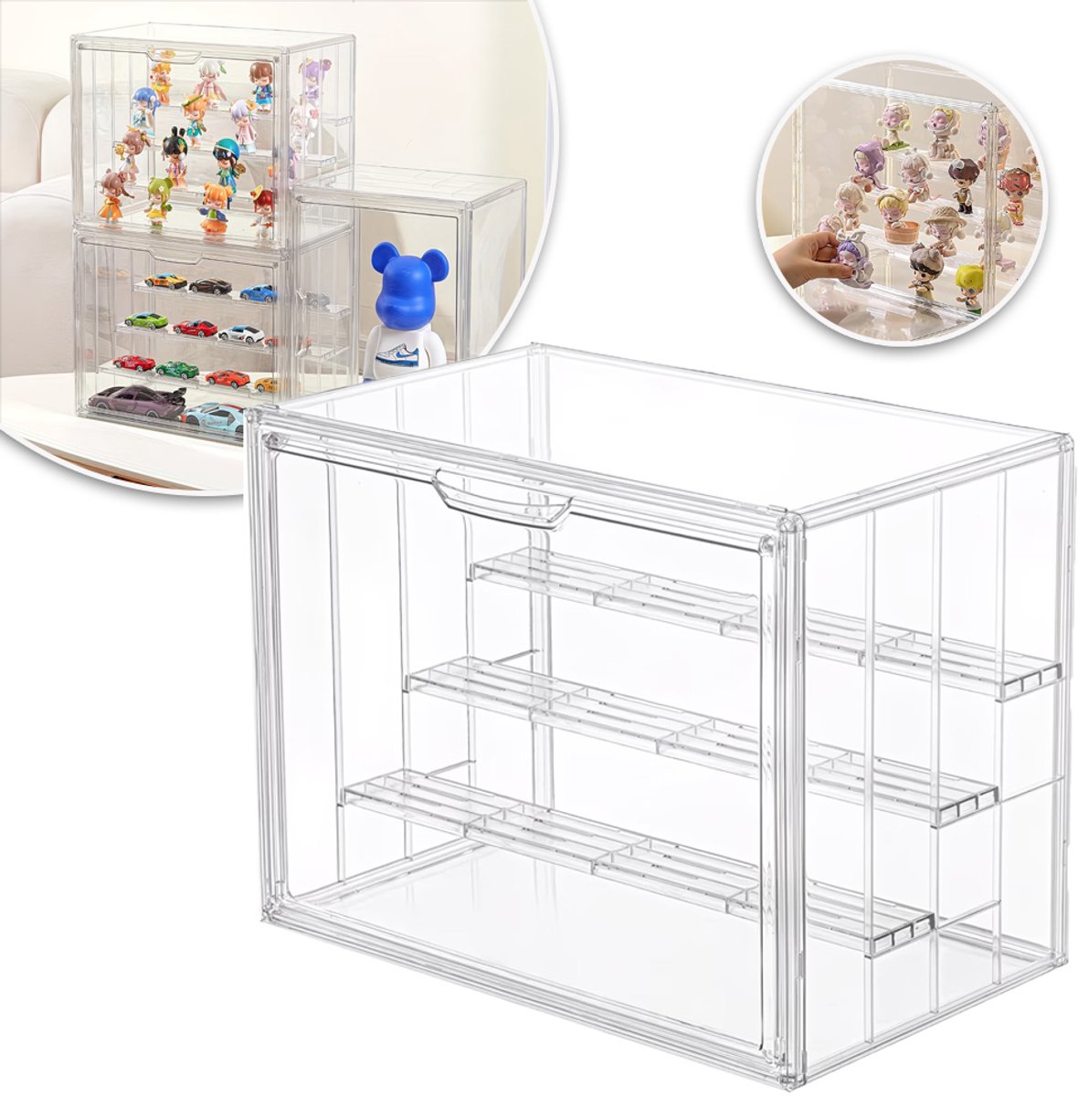 Acryl Displaydoos Met 4 Lagen En 3 Verstelbare Schappen - Transparant Stapelbaar Stofbestendig - Vitrine Voor Verzamelobjecten, Verrassingsdozen En Miniaturen