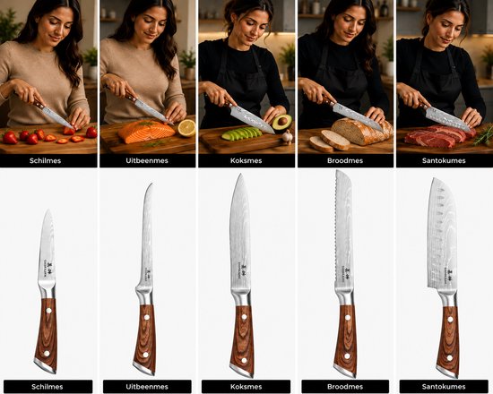 Des femmes utilisent un ensemble de 5 couteaux de cuisine Damas avec manches en bois pour couper des fraises, du saumon, de l'avocat, du pain et de la viande.