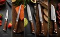 Ensemble de 5 couteaux de cuisine Damas avec manches en bois, à côté d'ingrédients : fraises, saumon, avocat, pain, viande.