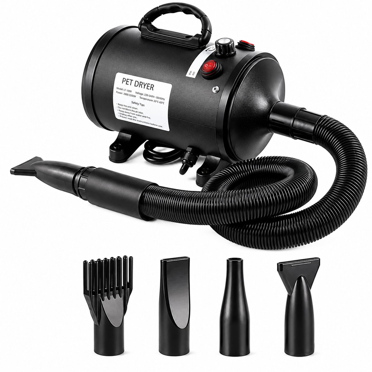 DPLUNIQ Hondenfohn - Droger - Fohn - Waterblazer - 4 Opzetstukken - Draagbaar - Ruisonderdrukking - 2200 W - Ergonomisch - Zwart