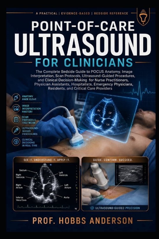 Boekcover: "Point-of-Care Ultrasound for Clinicians", een bedside referentie, met een arts die een echo maakt van een hart.