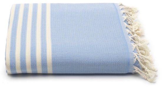 Denim blauwe hamamdoek met witte strepen en franjes.