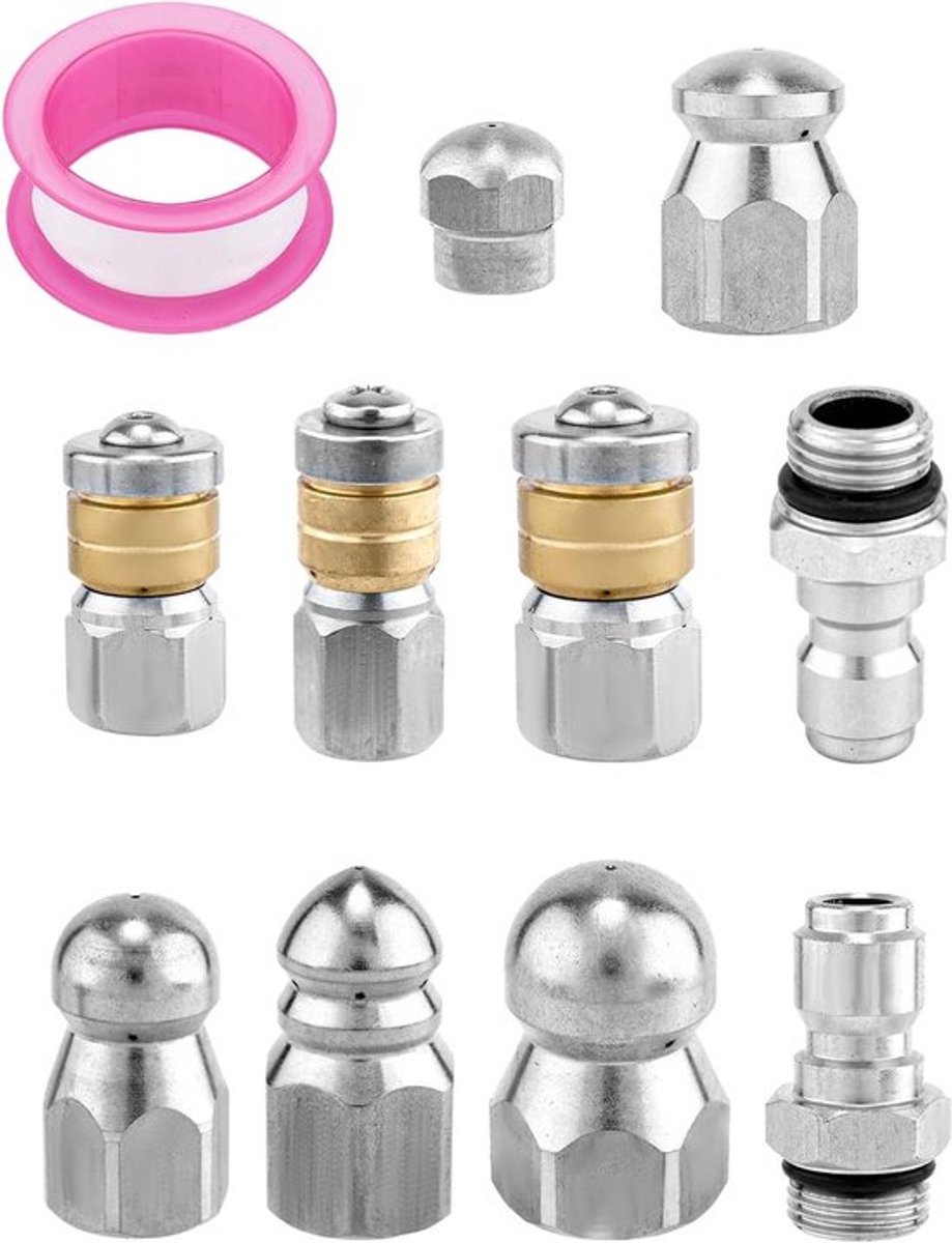10 Stuks Afvoerreiniger Spuitmonden met 1/4 Inch en 3/8 Inch NPT Snelle Aansluitingen, RVS Drukslang voor Hogedrukreiniger tot 5000 PSI, Ideaal voor Afvoerreiniging en Ontstoppen