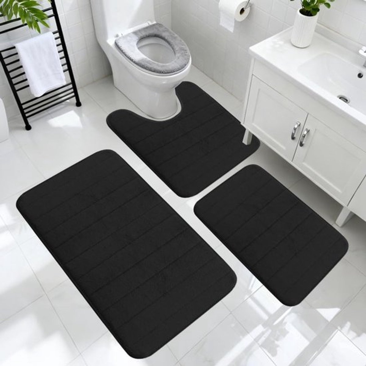 3-delige badkamertapijtenset met traagschuim - antislip, wasbare matten voor luxe badkamer, douche en toilet - comfortabel en modern ontwerp in zwart