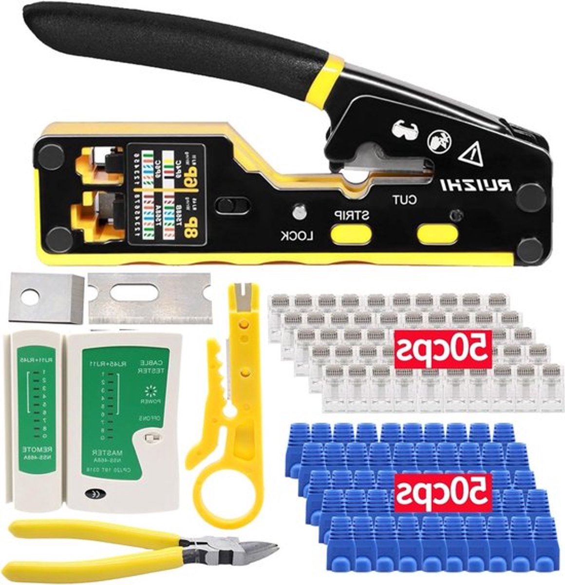 Set van RJ45 Crimping Pliers met 50 Cat6 Stekkers, Netwerktester en Draadknippers voor CAT5/CAT6/CAT7 Kabels en Netwerkverbindingen