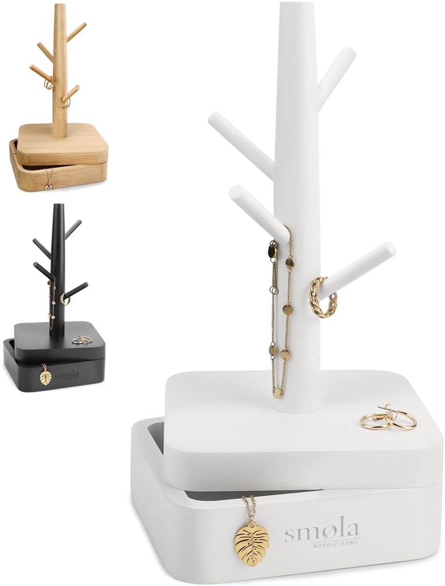 Jewellery Tree White Wood - 4 Levels with Storage Box - Jewellery Organiser Jewellery Stand for Necklaces, Earrings - ShopVlot