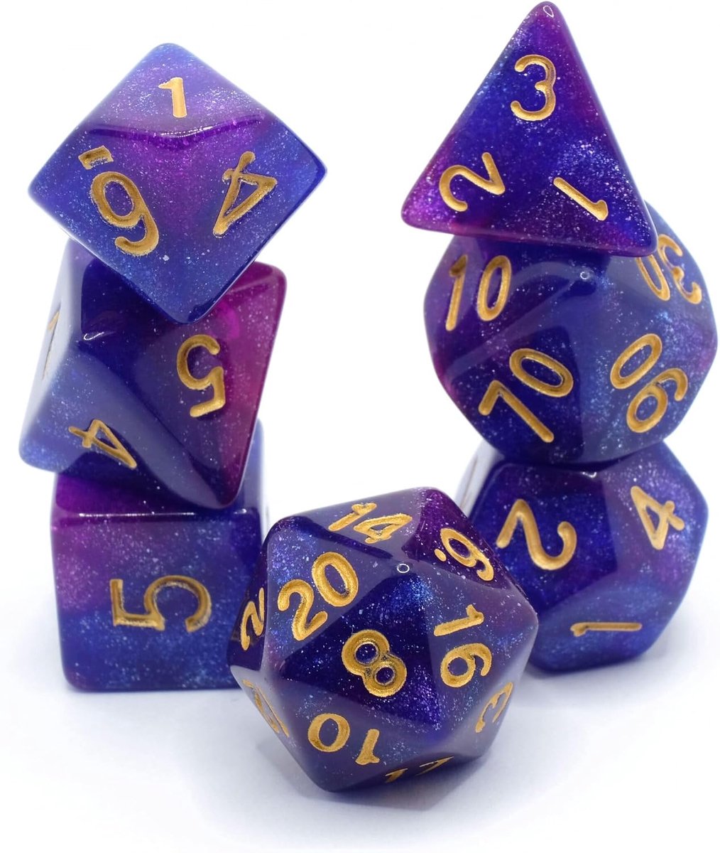 Milky Way - Polyset Dice - Polydice - Dark Purple Dark Blue Glitters and Gold - Dice Set Of 7 Pieces - ShopVlot