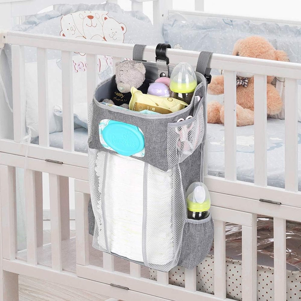 Diaper Caddy Organizers for Baby Bassinet Hanging Diaper Stackers on Kids Cot Toys Care Bottle Storage Bag (Grey-Stars) - ShopVlot