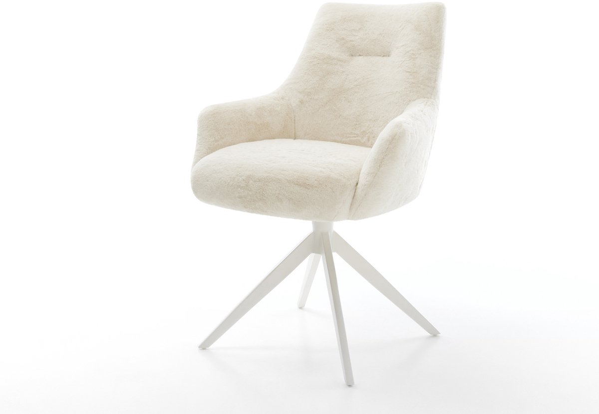 Eetkamerstoel Alja-Flex met armleuning kruisframe breed wit pluchen crème-wit 360° draaibaar rocker-functie pocketveer kern