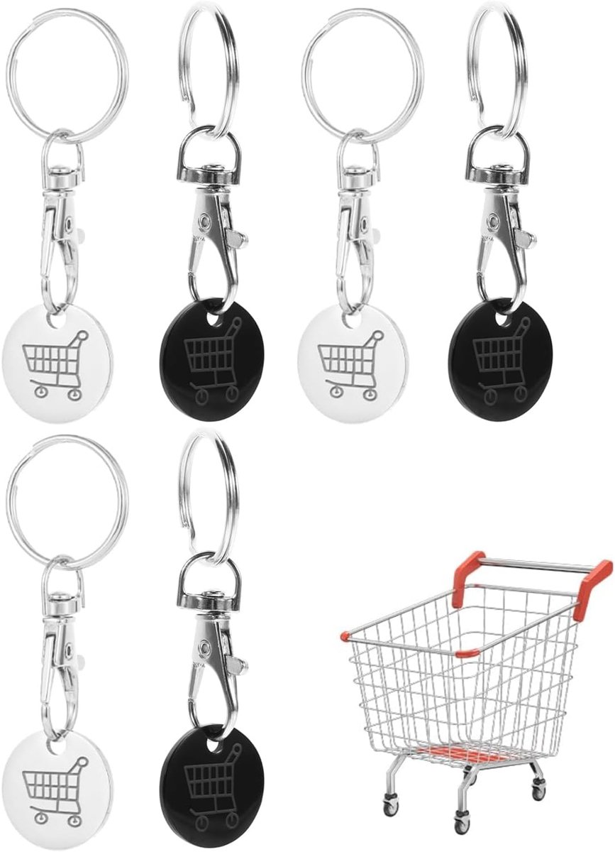 Winkelwagenmunten, 6 stuks, staal en zwart, afneembare universele sleutel, draagbare accessoires ter voorkoming van - ShopVlot