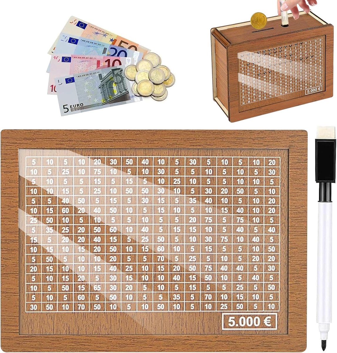 Wooden Money Box, Retro Money Box, Storage Box, Piggy Bank with Acrylic Plates and Markers, Reusable Money Box with - ShopVlot