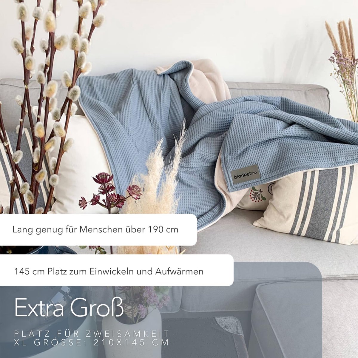 Cuddly Warm Sofa Blanket, Extra Soft, Wellness Fleece and Cotton, Made in Germany, Cloud Blue, Sand White, 145 x 210 cm - ShopVlot