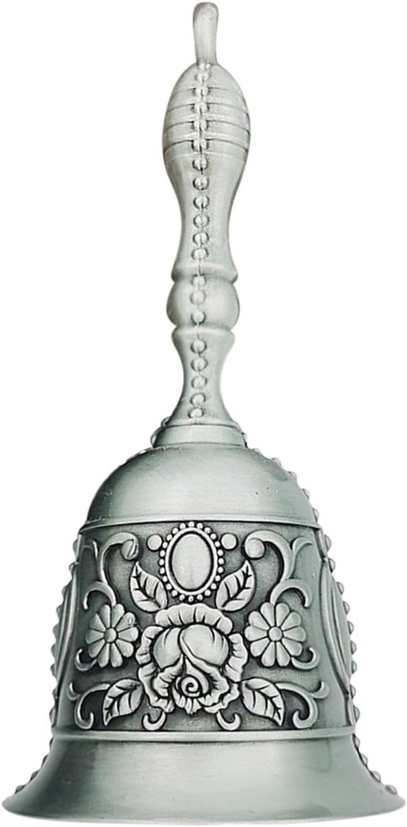 Decoratieve Handbel - Tafelbel Keukenbel - Aankondigen Eten - Vintage Reliëf Design - 11 cm Hoog - Zilver Grijs