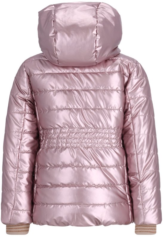 Roze glanzende jas met capuchon, horizontale ruiten en elastische tailleband