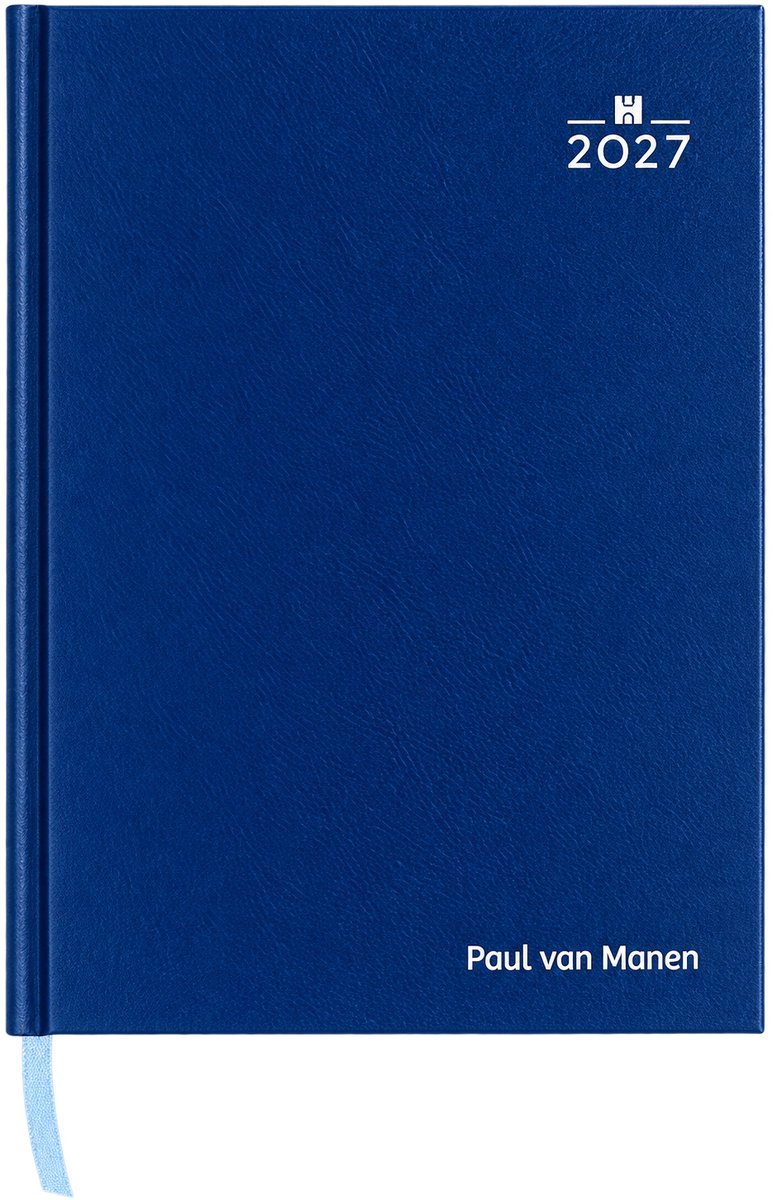 Bureau week agenda 2027 met (naam)opdruk - 1 week per 2 pagina's liggende indeling - formaat A5 - Nederlandstalig - Made in Italy - hardcover omslag blauw - bedrukt met naam of logo