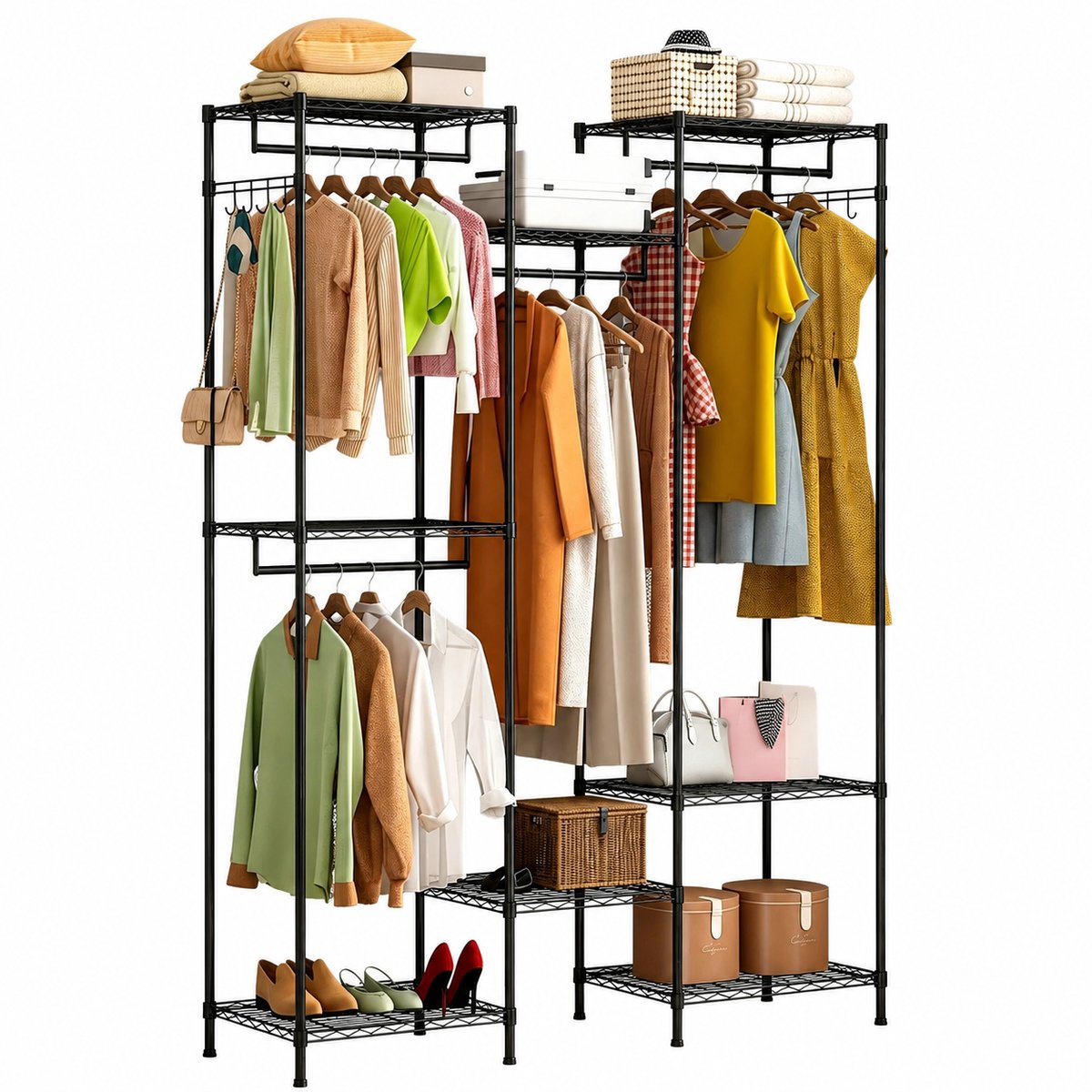 Bresht Kledingrek - Multifunctioneel - 8 Planken - 4 Kledingroedes - Kliksysteem - Draagvermogen 200kg - Zwart - 171 × 45 × 190 cm