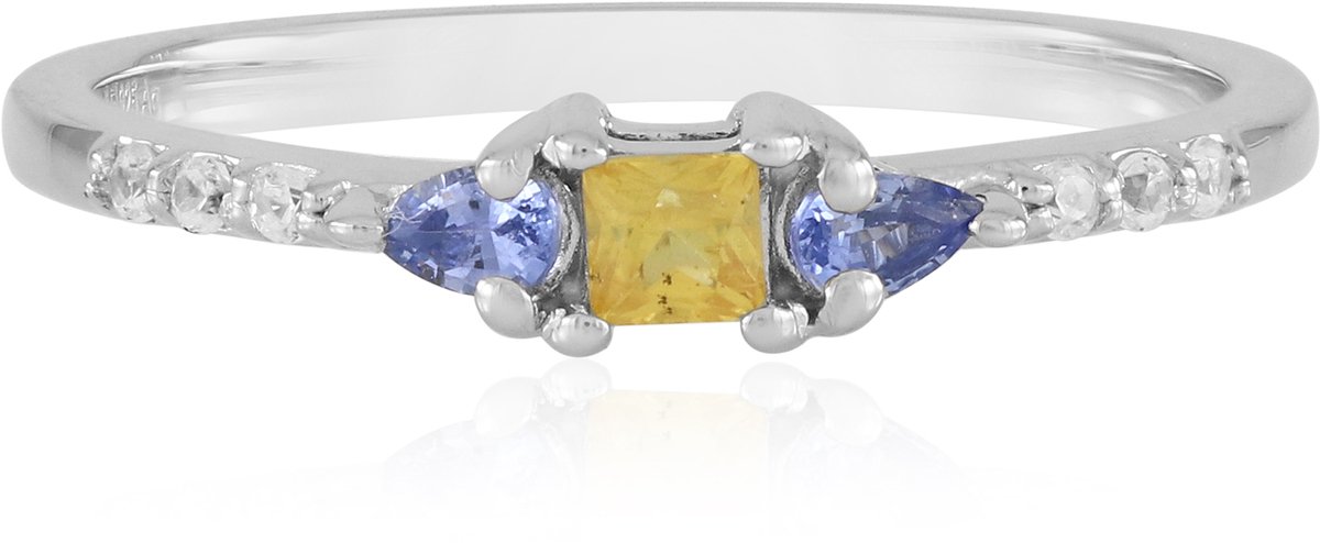 Cavill - 925 Sterling Zilver ring met platina coating - Blauwe Ceylon saffier 0,137 ct & Gele prinsessen saffier 0,106 ct - Elegante dagelijkse ring