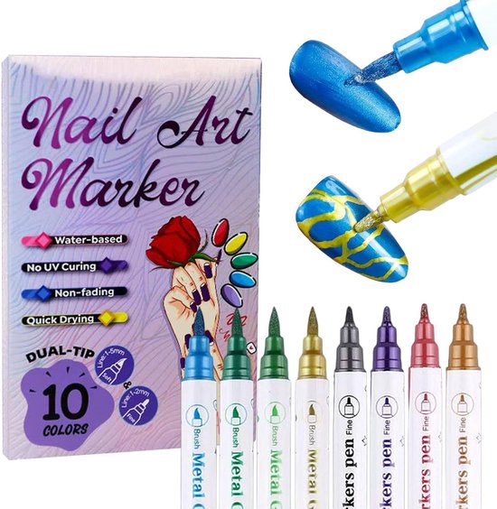 Nail Art Marker pennen, set van 10 metallic kleuren, dual-tip, sneldrogend, water-based.