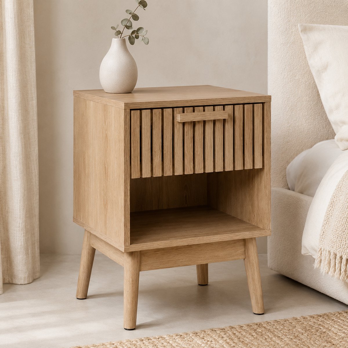 By Viento Nachtkastje met Lade – Houtlook – Lattenfront – Open Opbergvak – 40 x 35 x 55 cm – Naturel