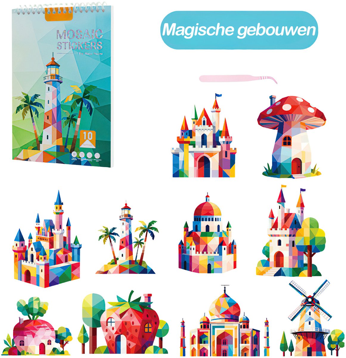 Ainy Sticker Op Nummer Magische Gebouwen | Inclusief Pincet | Stickerboek met nummer stickers | Stickeren met 10 3D-afbeeldingen | Creatief & Rustgevend vakantieboek | Stickermozaiek stickervellen voor volwassenen en kinderen