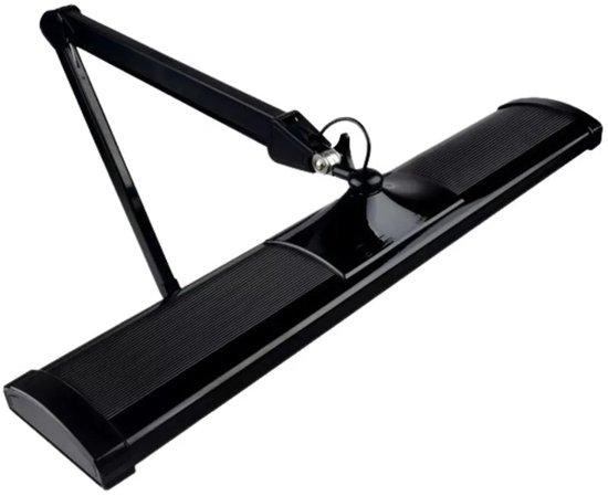 Zwarte bureaulamp met een verstelbare arm en een lange, rechthoekige lampenkap met ribbels.