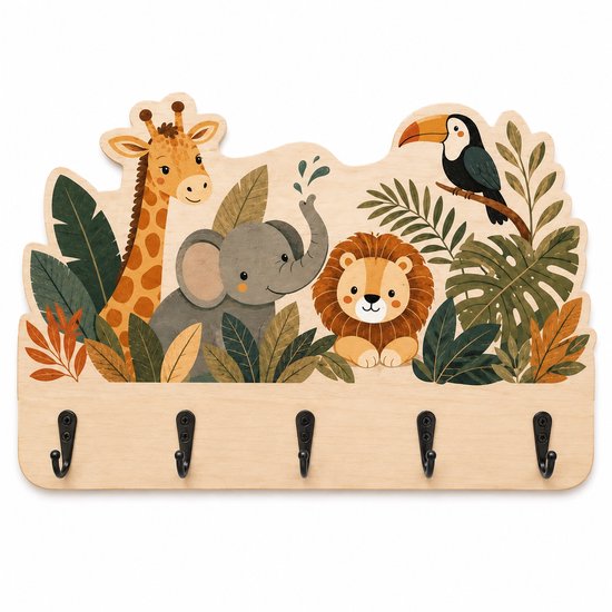 Houten kapstok met 5 haken. Gekleurde afbeelding van een giraffe, olifant, leeuw en toekan in een jungle omgeving.