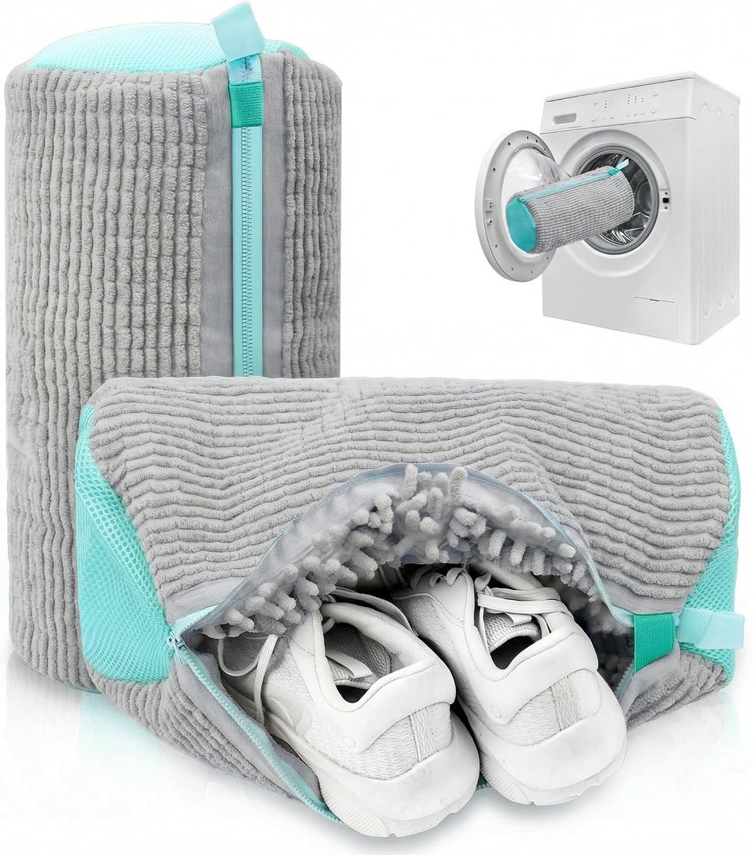 Schoenwaszak voor wasmachine – Herbruikbare microvezel sportschoen waszak – Chenille binnenborstel – Zelfsluitende rits – Beschermt schoenen en wasmachine – 2 stuks – Grijs