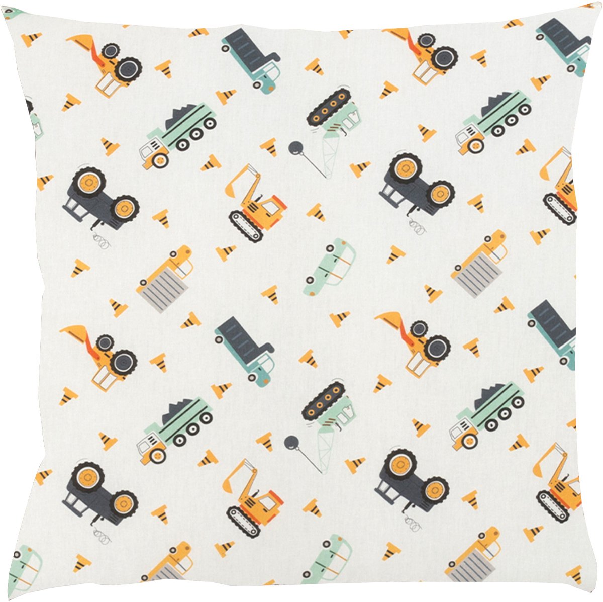 BINK Bedding Sierkussen Bram 50 x 50 cm - inclusief vulling - auto's - vrachtwagen - kiepwagen - tractor - werkvoertuigen - mintgroen - ecru - oranje - geel - grijs - tweezijdig - katoen - jongens - baby - peuter - kleuter - decoratie