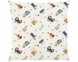 BINK Bedding Sierkussen Bram 50 x 50 cm - inclusief vulling - auto's - vrachtwagen - kiepwagen - tractor - werkvoertuigen - mintgroen - ecru - oranje - geel - grijs - tweezijdig - katoen - jongens - baby - peuter - kleuter - decoratie
