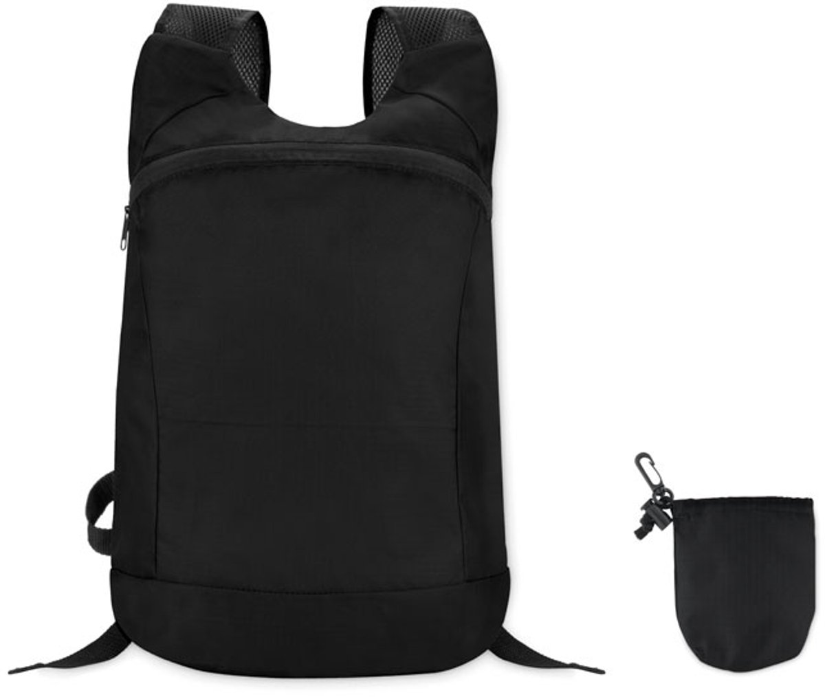Opvouwbare sport rugzak van lichtgewicht ribstop polyester. Met groot hoofdvak met rits en verstelbare mesh schouderbanden. Inclusief afneembare opbergpouch. Zwart