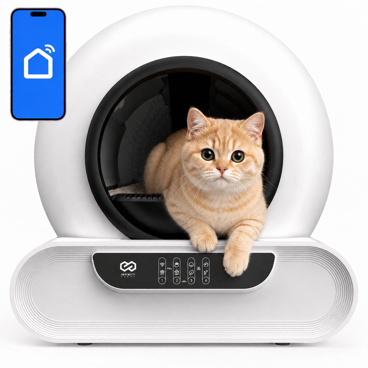 Infinity Goods Automatische Kattenbak XXL - Zelfreinigende Kattenbak - Incl. App - 75L - Met Kattenbakmat en 3 Rollen Opbergzakjes