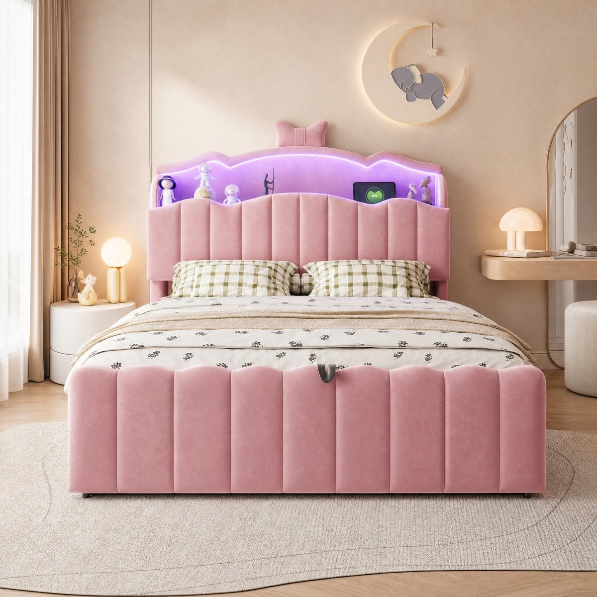Kinderbed 140 x 200 cm Zonder matras – LED-verlichting Met USB En USB-C – Hydraulische Opbergruimte En Opklapbaar Hoofdeinde – Voor Kinderen – Samt – Roze