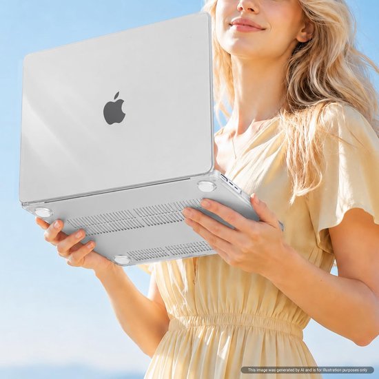 Une femme en robe jaune tenant une housse d'ordinateur portable transparente.