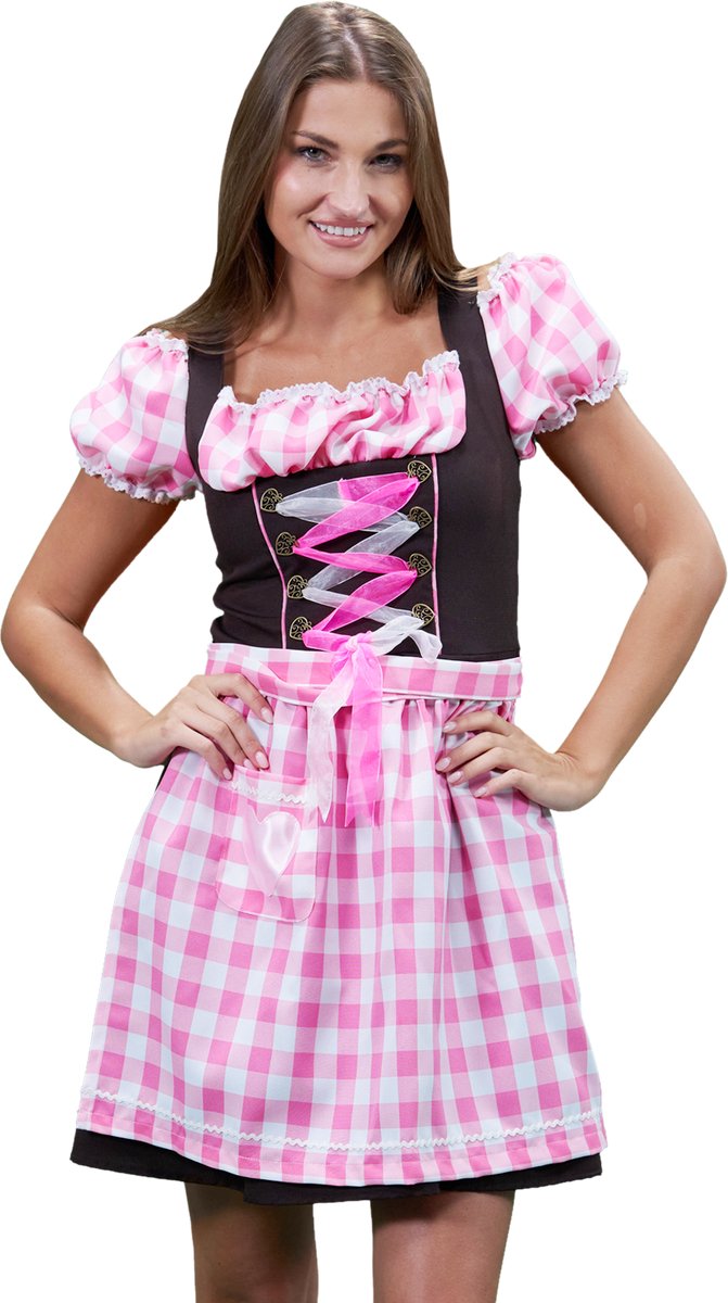 Zebra & Friends Tiroler Dirndl - M - Oktoberfest Dames - met Ritssluiting - Pofmouwen - Carnavalskleding - Maat 40 - Roze met Bruin