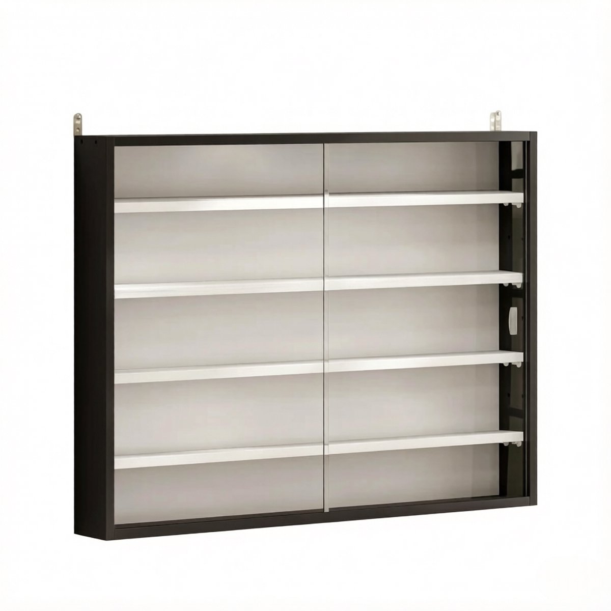 OKWISH Wandvitrinekast – 4 Verstelbare Planken – 80 X 9,5 X 60 Cm – Spaanplaat En Glas – Zwart Wit – Wandmontage Voor Collecties Met Schuifdeuren