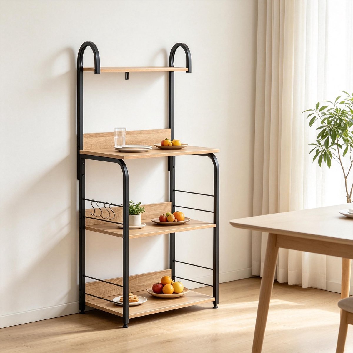 OKWISH Keukenrek – 60 x 40 x 125 cm – Open Opbergrek Met Haken – Staal En Spaanplaat – Zwart En Natuurlijk Hout – Industrieel Voor Keuken En Woonruimte