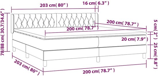 Dessin technique d'un lit boxspring bleu avec ses dimensions.