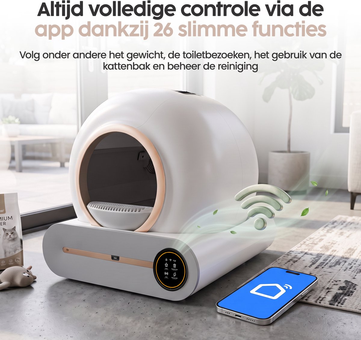 Infinity Goods Automatische Kattenbak XXL - Zelfreinigende Kattenbak - Incl. App - 75L - Met Kattenbakmat en 3 Rollen Opbergzakjes - Wit/Roségoud thumbnail 5