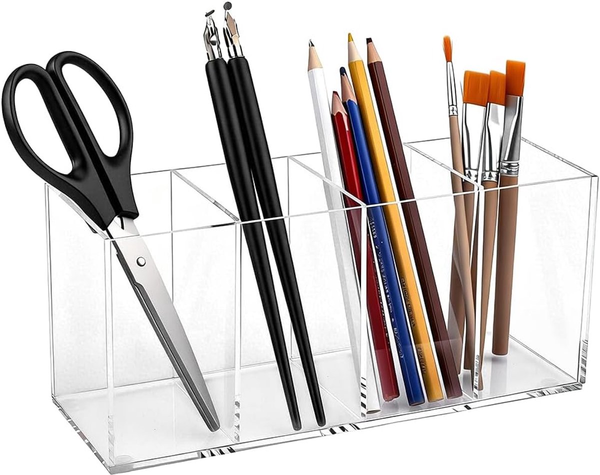 Pennenhouder 4 vakken - transparante acryl potloodhouder - organizer voor pennen en borstels - praktische opbergdoos - SnelShoppen