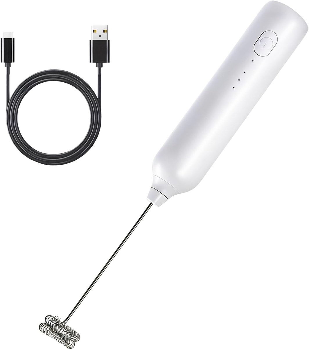 Oplaadbare elektrische handmelkopschuimer (USB-C) – 3 snelheden – voor koffie, matcha, latte, cappuccino en warme chocolademelk – wit