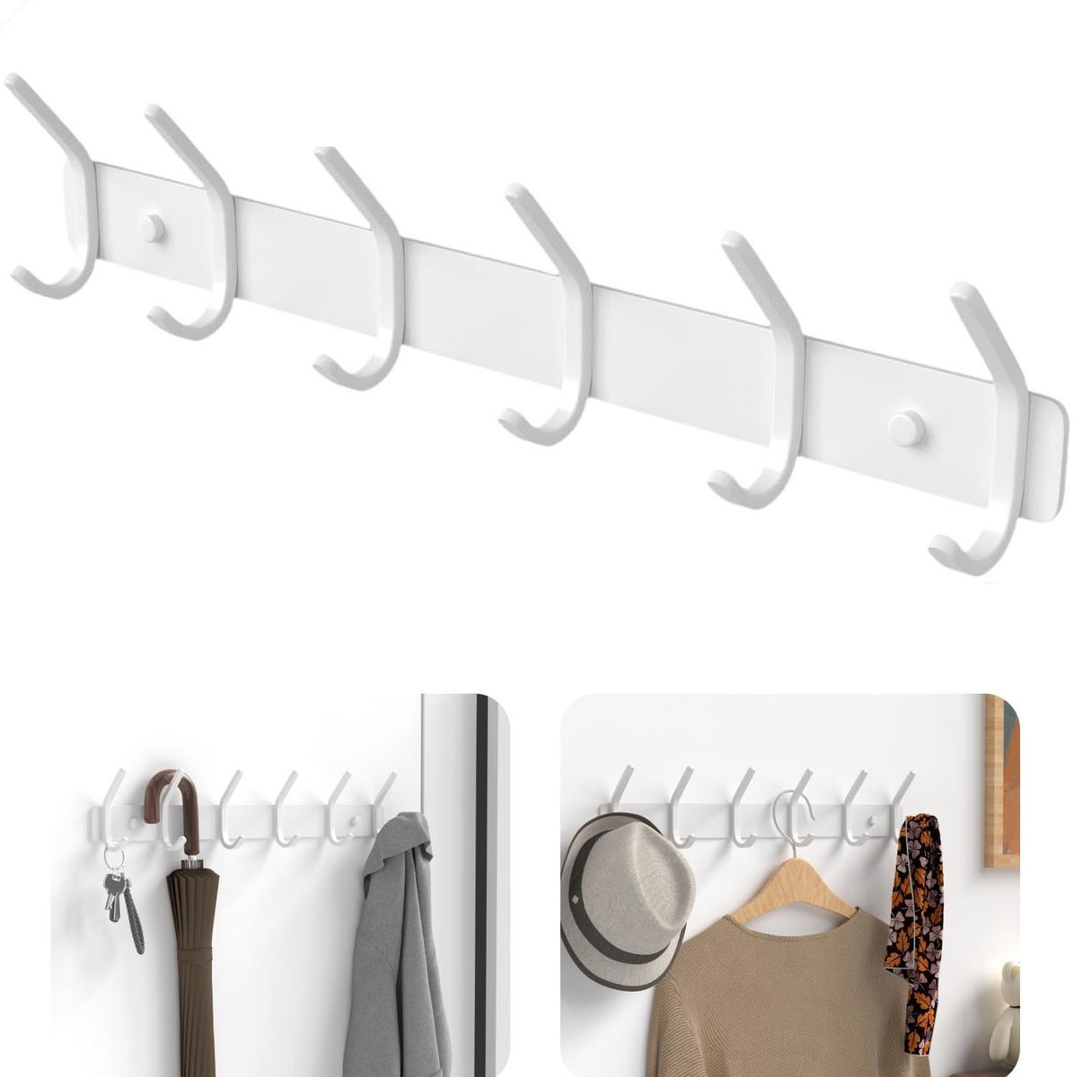 6 haken Kapstok - Muur Wandkapstok voor slaapkamer, badkamer en keuken - Kapstok Hangend voor jassen, mantels, tassen, hoeden en sjaals