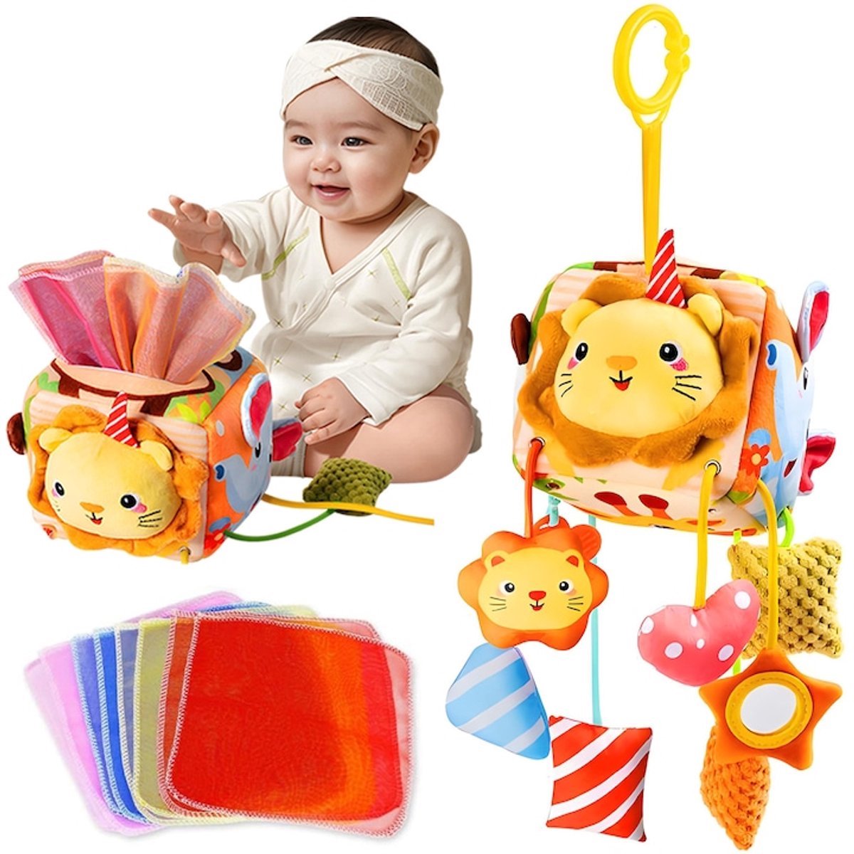 casalora 12-in-1 Baby Sensorik Spielzeug – Stoff-Taschentuchbox mit Anhängern – Beruhigungs- und Schlafspielzeug für Babys ab 0 Monaten – Motorikfördernd – Baby speelgoed - Met ophangring