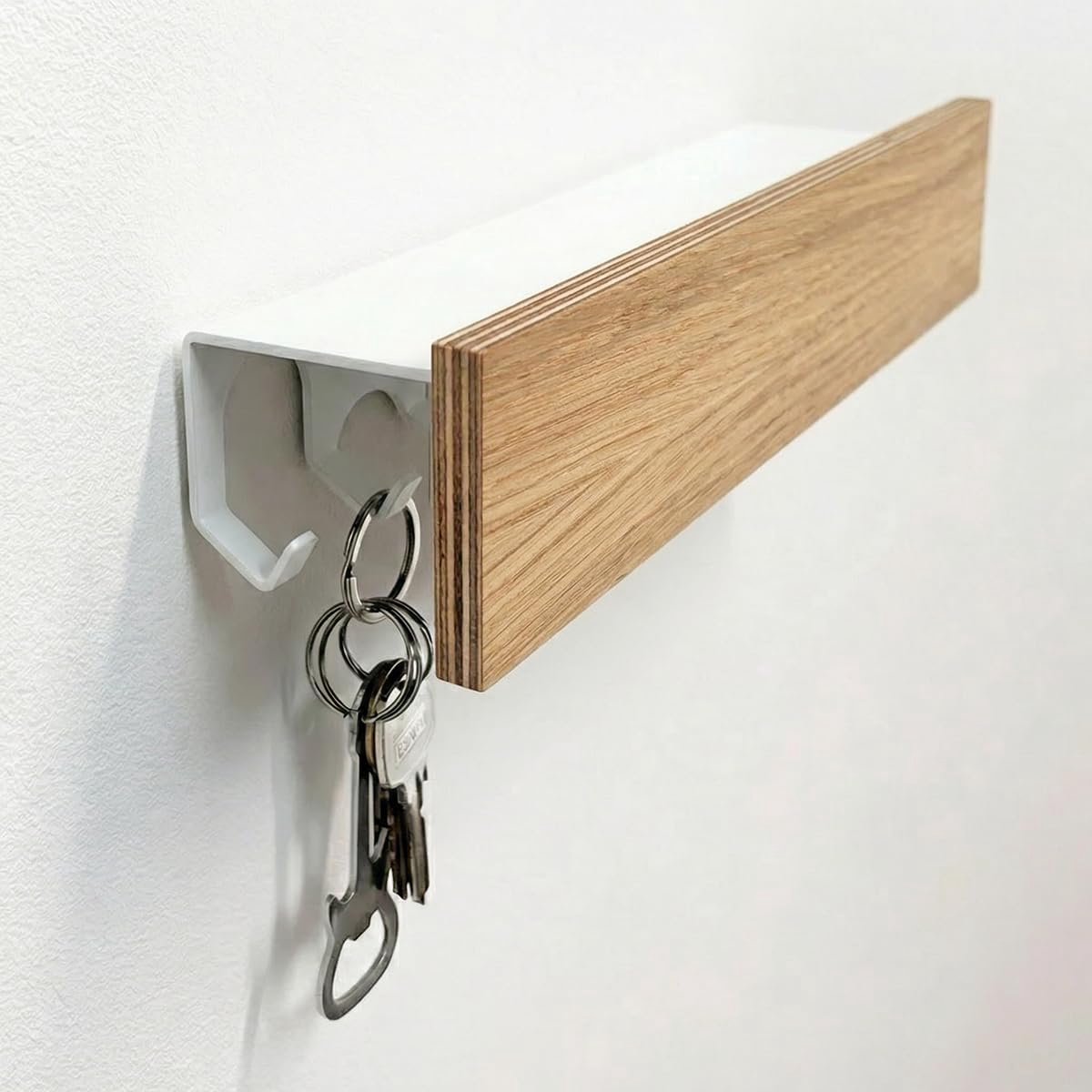 Sleutelrek met witte metalen plank - geolied eikenhout - hal organizer - opgeruimde entree - m-winkel