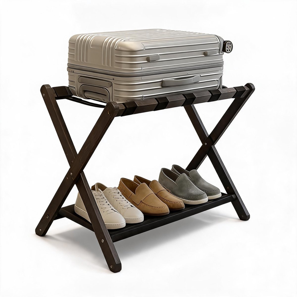 Triumpunpre - 2 stuks 67x47x51cm professioneel bamboe kofferrek opvouwbaar twee-laags bruin met canvas - 110lb sterk draagbaar bagagerek voor hotelkamer service